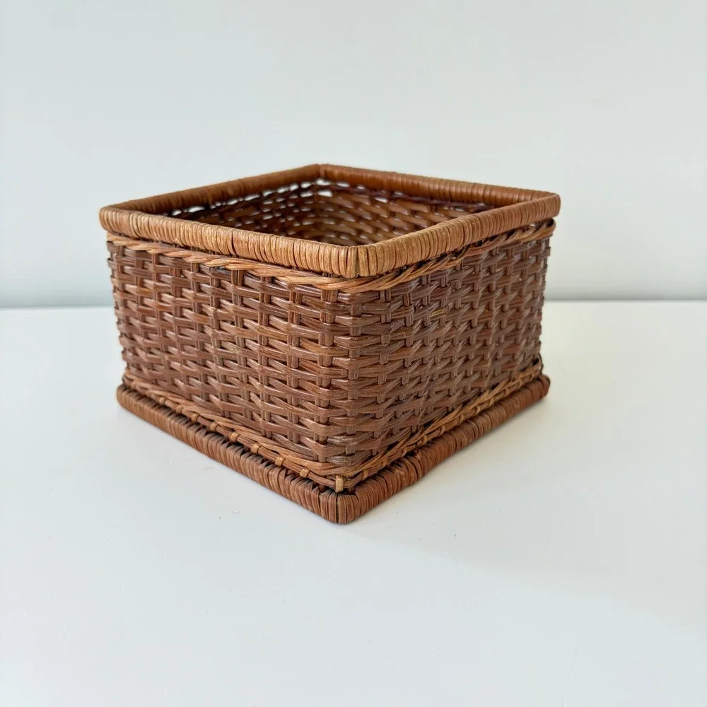 Vintage Square Wicker Storage Basket Brown Woven Rustic Home Decor Organizer
